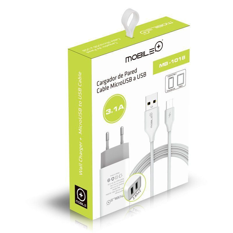 CARGADOR DE PARED MOBILE+ 3.1A - CABLE MICRO USB A USB - 1 METRO