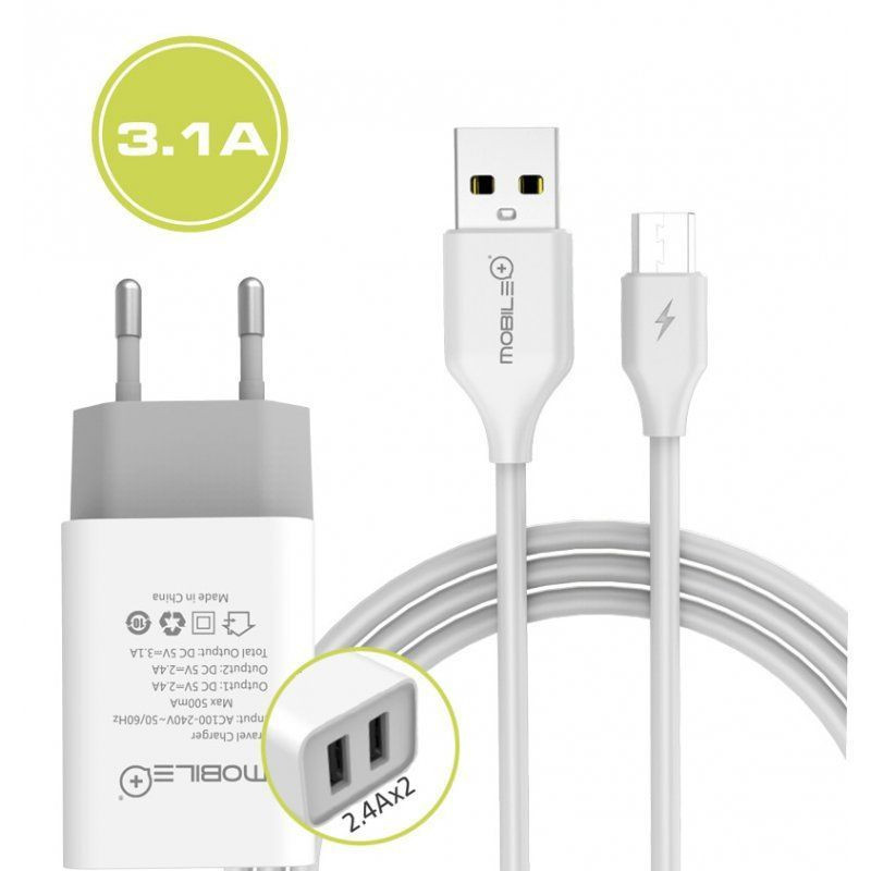 CARGADOR DE PARED MOBILE+ 3.1A - CABLE MICRO USB A USB - 1 METRO
