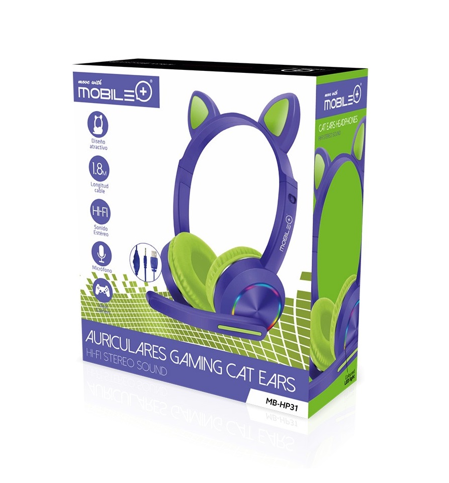 AURICULARES GAMING MOBILE+ CAT EARS MORADOS CON MICROFONO Y CONTROL DE VOLUMEN