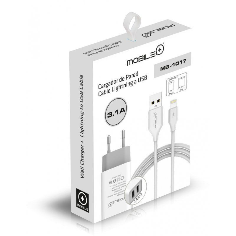 CARGADOR DE PARED MOBILE+ 3.1A - CABLE LIGHTNING A USB - 1 METRO