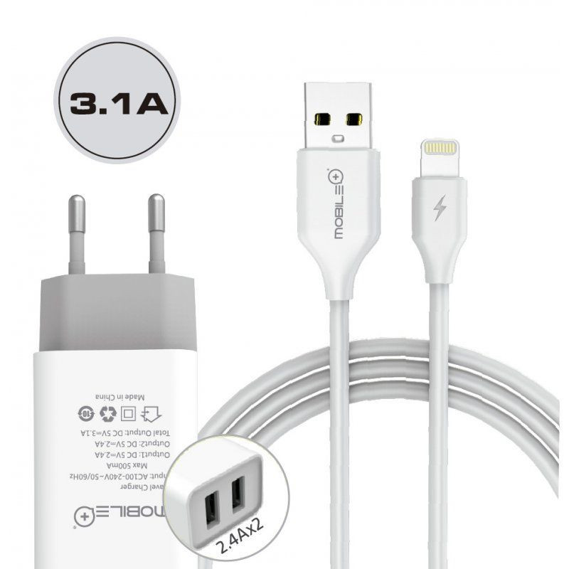 CARGADOR DE PARED MOBILE+ 3.1A - CABLE LIGHTNING A USB - 1 METRO