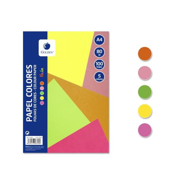 FOLIOS A/4 COLORES INTENSOS GOLDEN 5 COLORES 100 UND