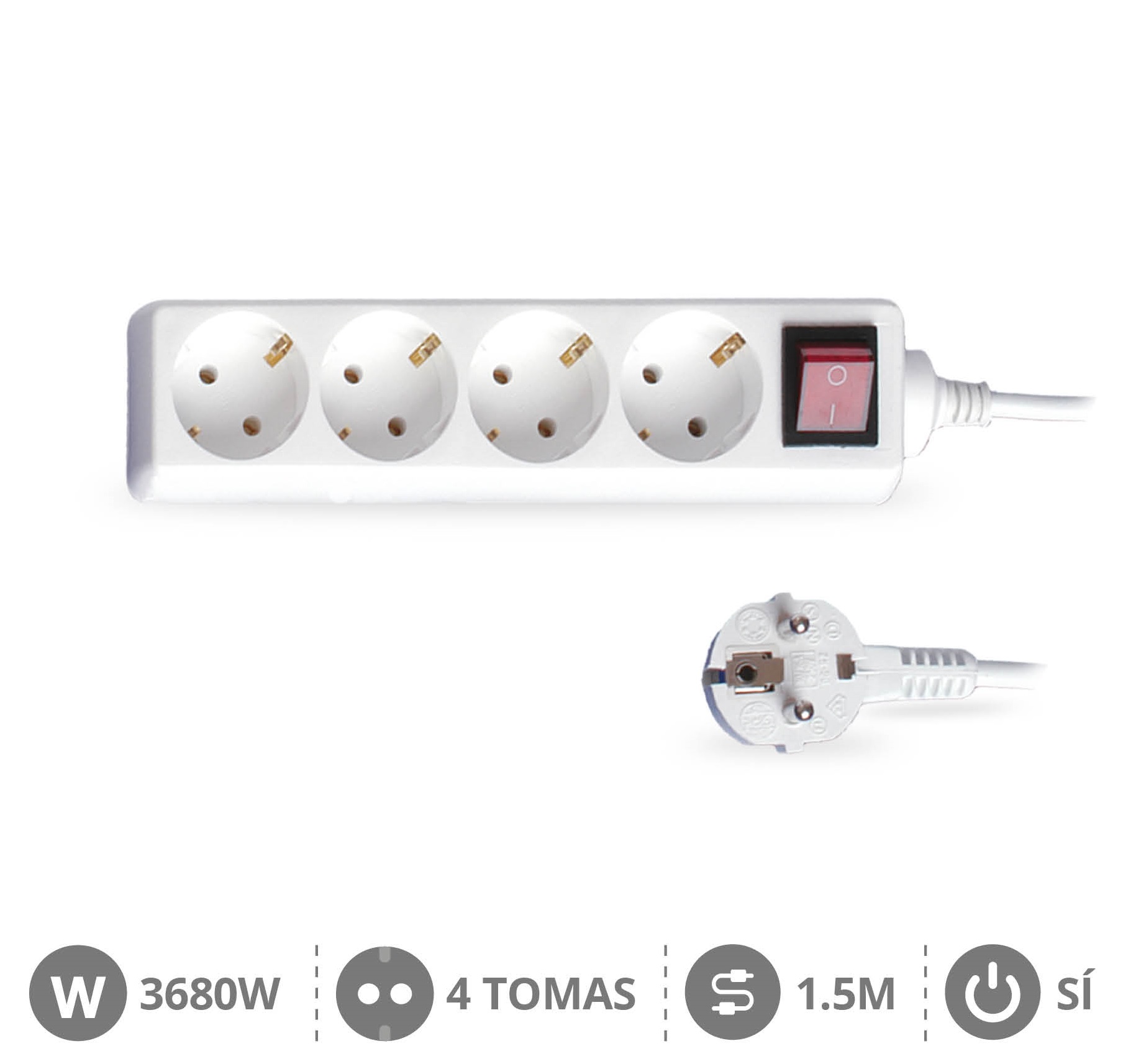 BASE MULTIPLE CON INTERRUPTOR GSC - 4 TOMAS - CABLE DE 1,5 METROS - POTENCIA MAX. 3680W