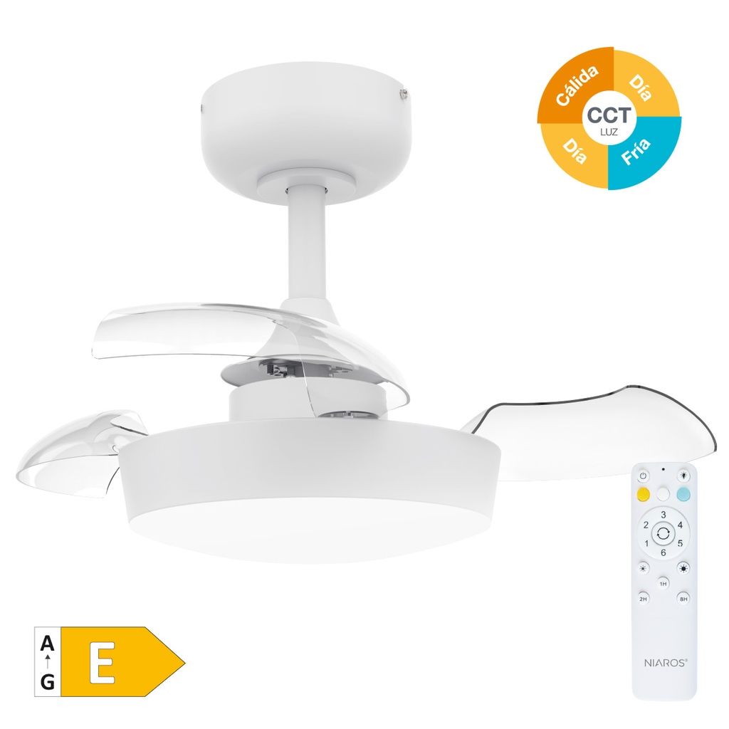 VENTILADOR TECHO NACALA GSC CON LUZ CCT REGULABLE Y MANDO Ø55 3 ASPAS RETRACTILES BLANCO