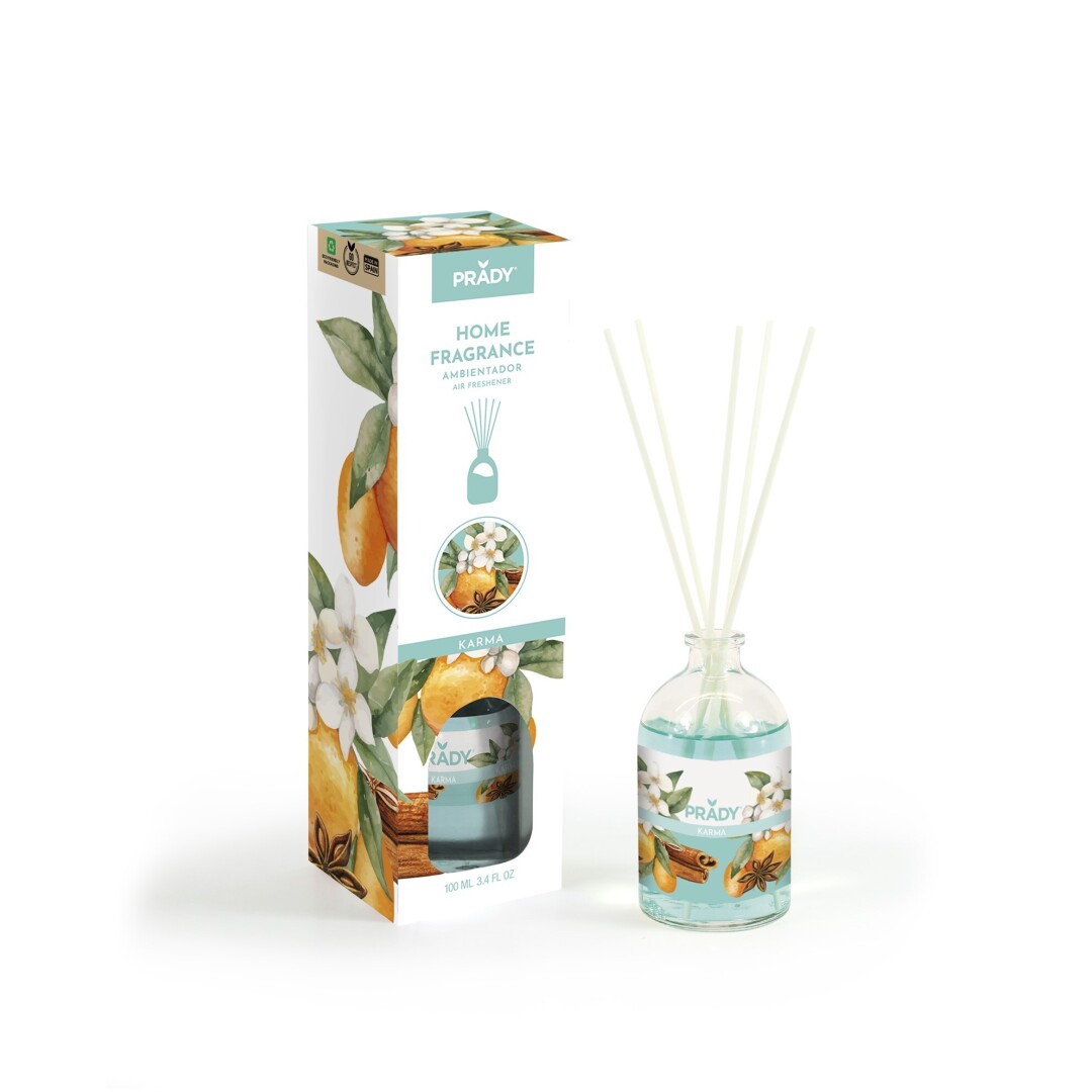 AMBIENTADOR MIKADO KARMA PRADY - FRASCO DE CRISTAL 100ml. Y VARITAS DIFUSORAS