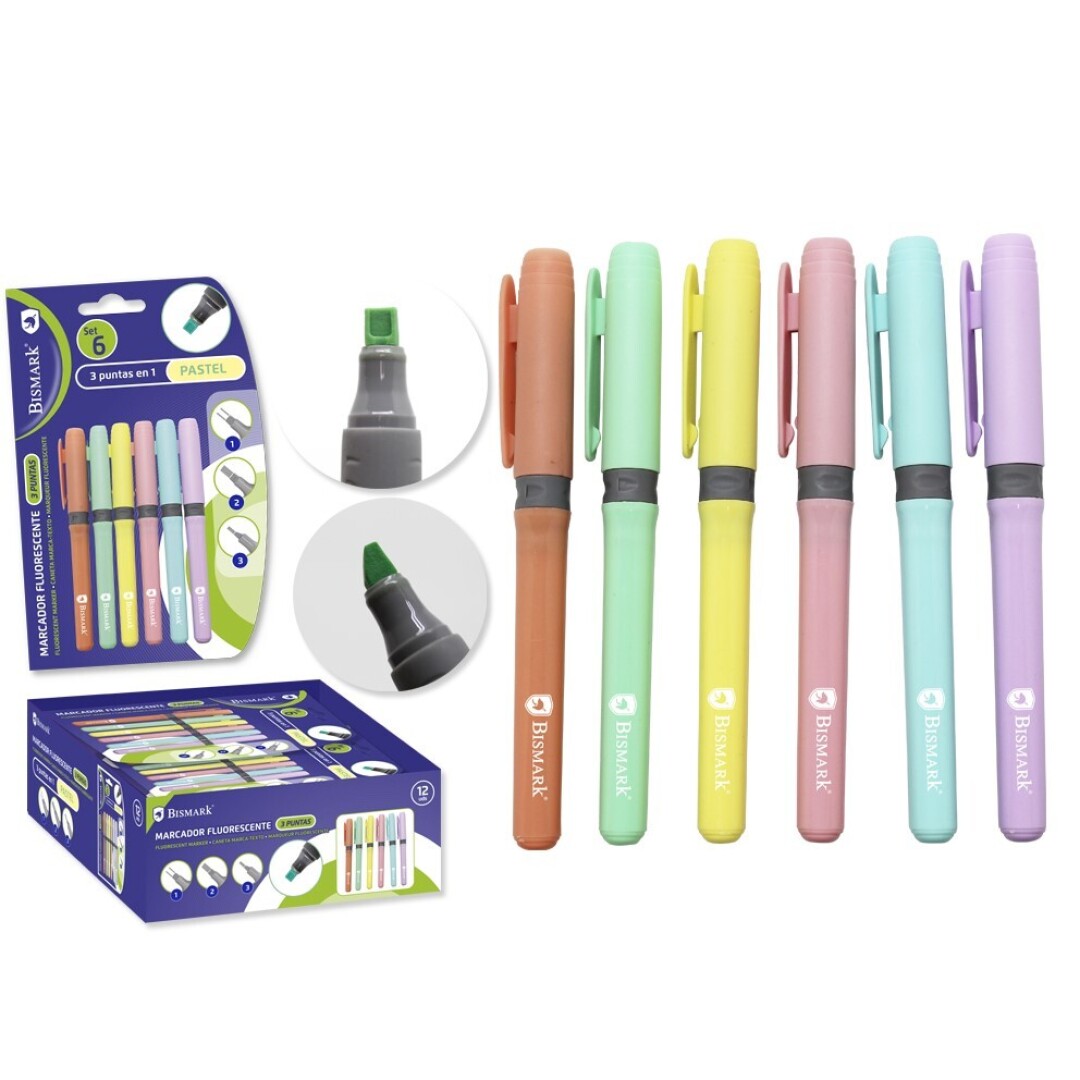 FLUORESCENTE PASTEL 3 PUNTAS BISMARK PACK 6 UNIDADES