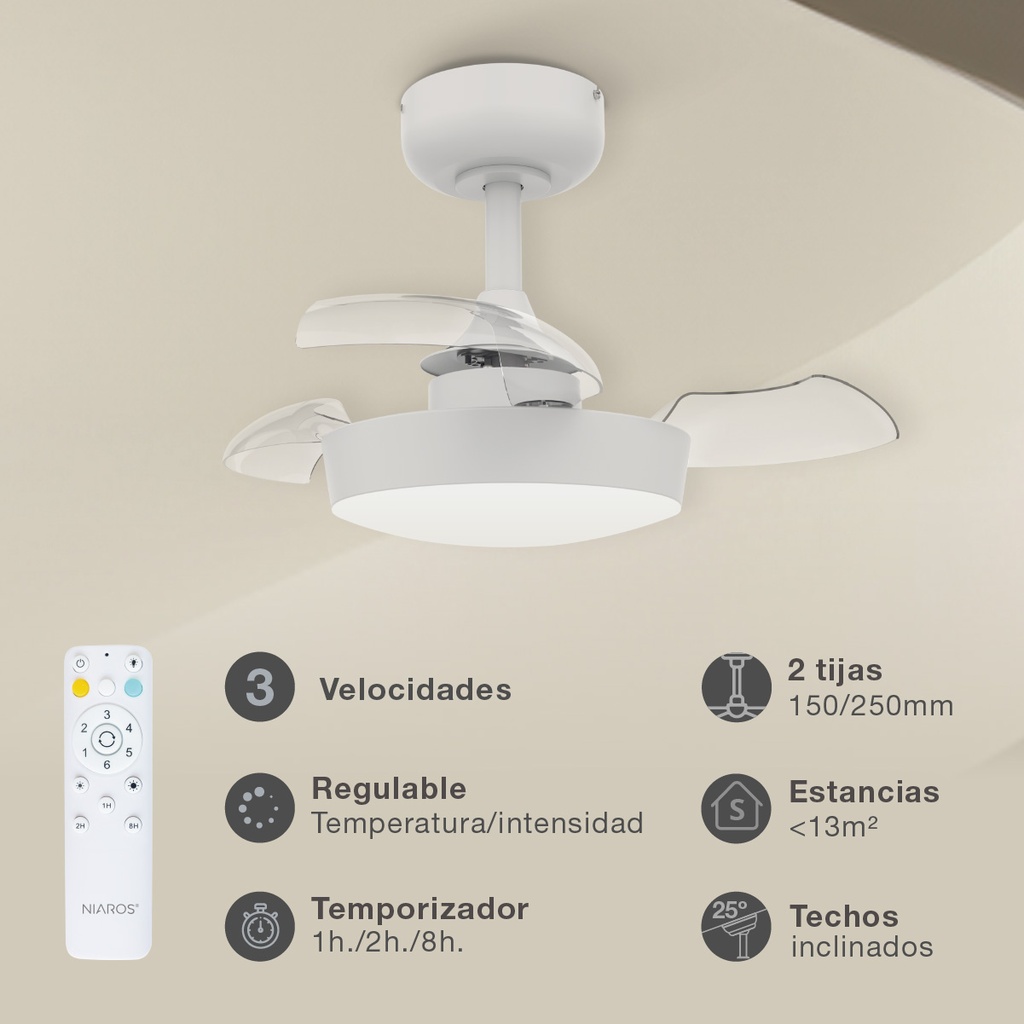 VENTILADOR TECHO NACALA GSC CON LUZ CCT REGULABLE Y MANDO Ø55 3 ASPAS RETRACTILES BLANCO