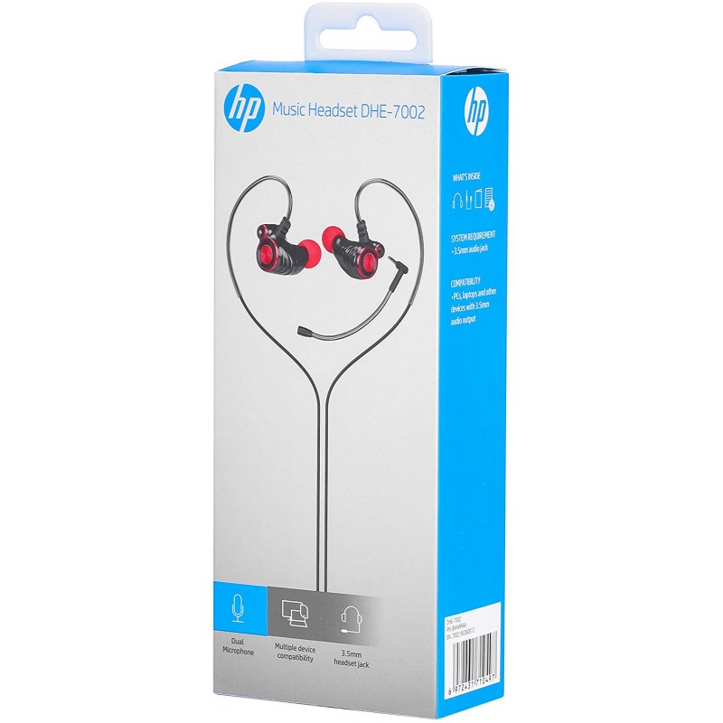 AURICULARES CON CABLE HP DHE-7002 ROJO/NEGRO - CON MICROFONO - CABLE 1.3 METROS