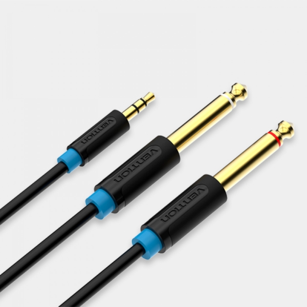 CABLE ESTEREO VENTION JACK 3.5 MACHO A 2x JACK 6.5 MACHO - CABLE NEGRO DE 1.5 METROS