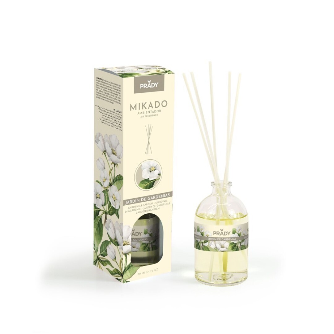 AMBIENTADOR MIKADO JARDIN DE GARDENIAS PRADY  FRASCO CRISTAL 100ML VARITAS DIFUSORAS