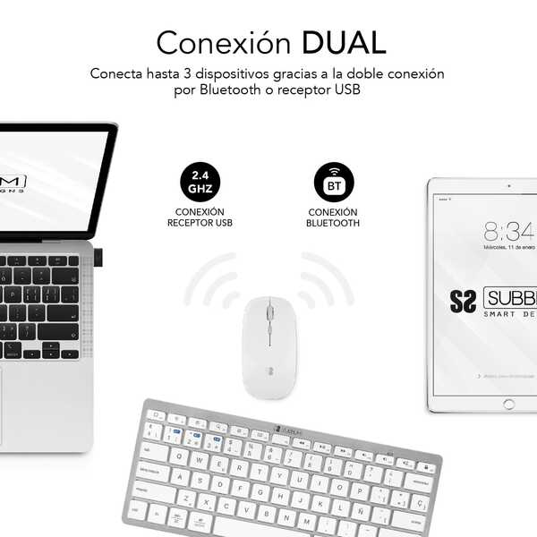 TECLADO Y RATON INALAMBRICOS COMPACTO SUBBLIM BLANCO - CONEXION DUAL - MULTIDISPOSITIVO