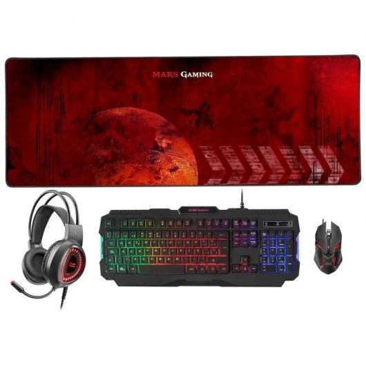 PACK 4 EN 1 MARS GAMING - TECLADO HIBRIDO + RATON USB 4000dpi + AURICULARES + ALFOMBRILLA