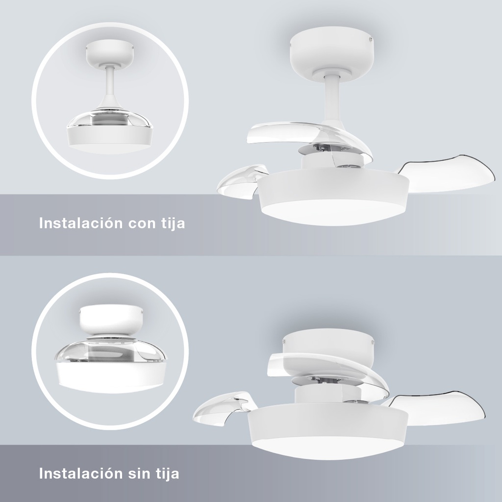 VENTILADOR TECHO NACALA GSC CON LUZ CCT REGULABLE Y MANDO Ø55 3 ASPAS RETRACTILES BLANCO