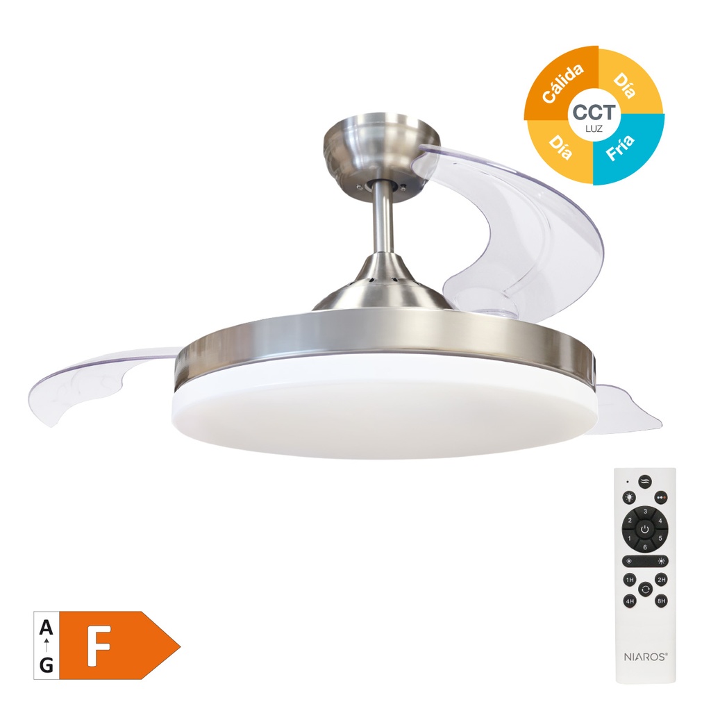 VENTILADOR DE TECHO TUNGATI NIQUEL GSC CON LUZ REGULABLE Y MANDO Ø107 3 ASPAS RETRACTILES