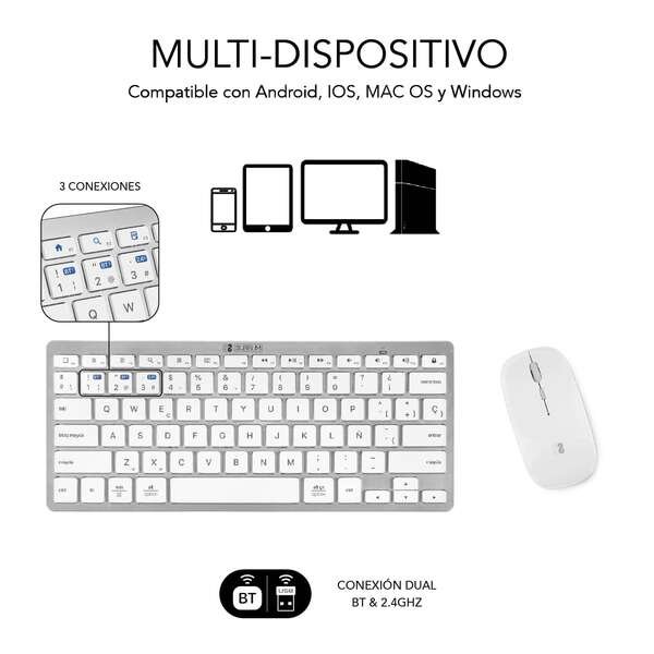 TECLADO Y RATON INALAMBRICOS COMPACTO SUBBLIM BLANCO - CONEXION DUAL - MULTIDISPOSITIVO