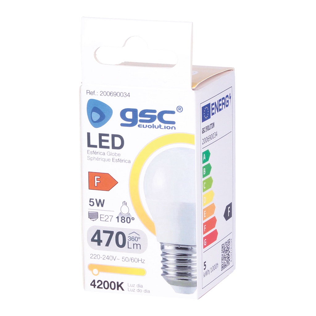 BOMBILLA LED GSC ESFERICA G45 E27 5W LUZ NEUTRA 4200K 470 LUMENES