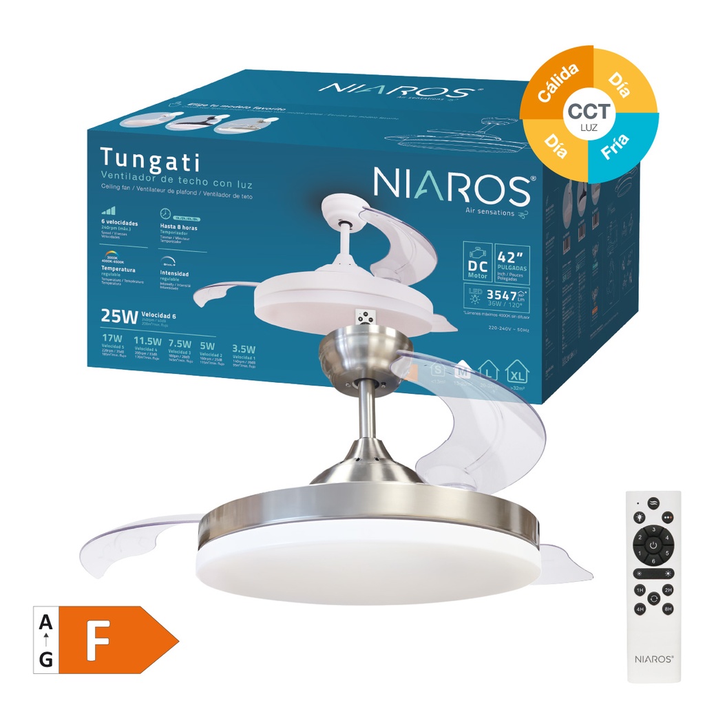 VENTILADOR DE TECHO TUNGATI NIQUEL GSC CON LUZ REGULABLE Y MANDO Ø107 3 ASPAS RETRACTILES