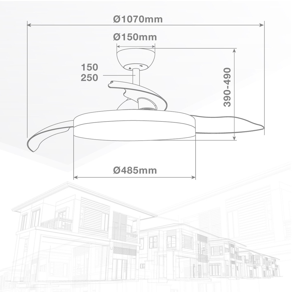 VENTILADOR DE TECHO TUNGATI NIQUEL GSC CON LUZ REGULABLE Y MANDO Ø107 3 ASPAS RETRACTILES