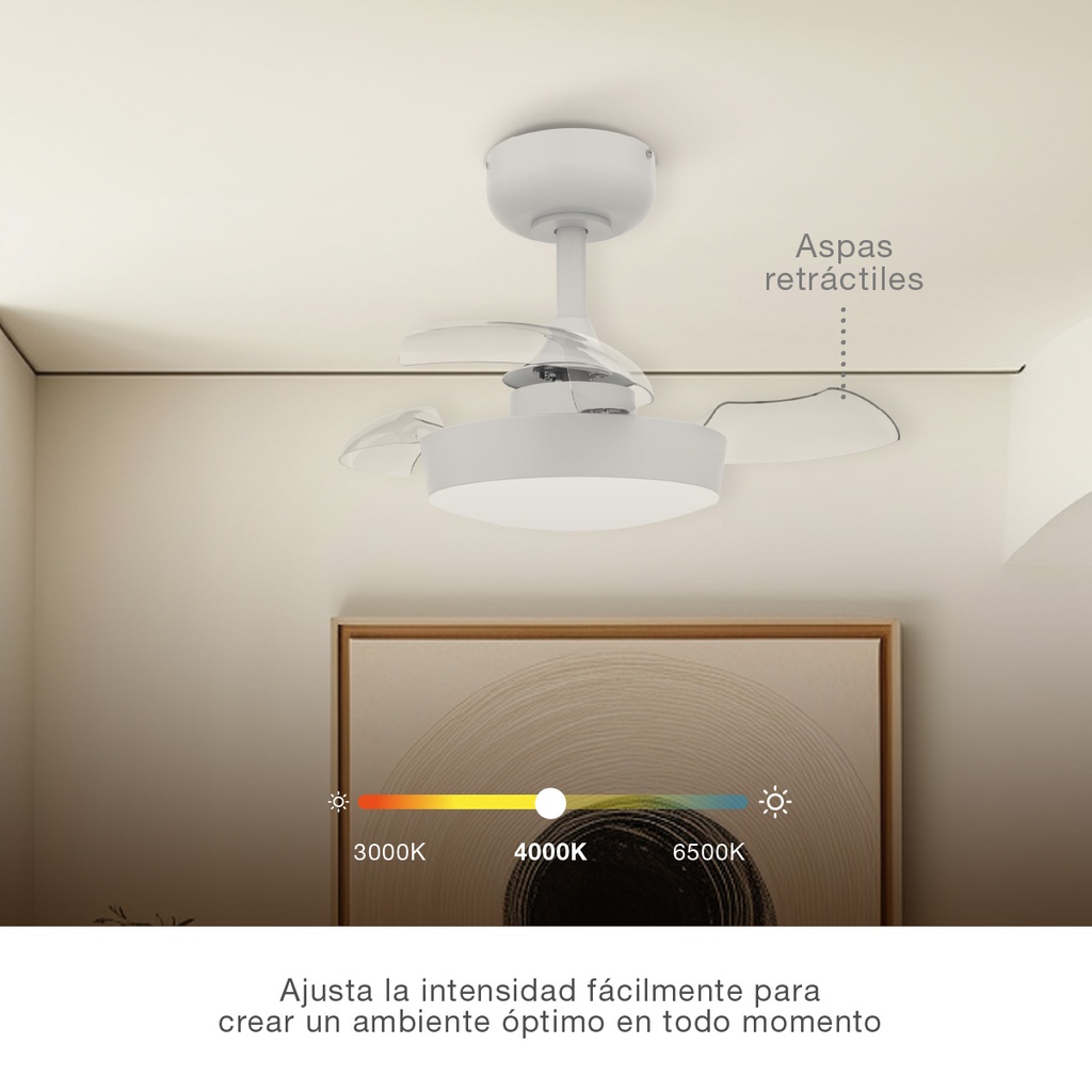 VENTILADOR TECHO NACALA GSC CON LUZ CCT REGULABLE Y MANDO Ø55 3 ASPAS RETRACTILES BLANCO