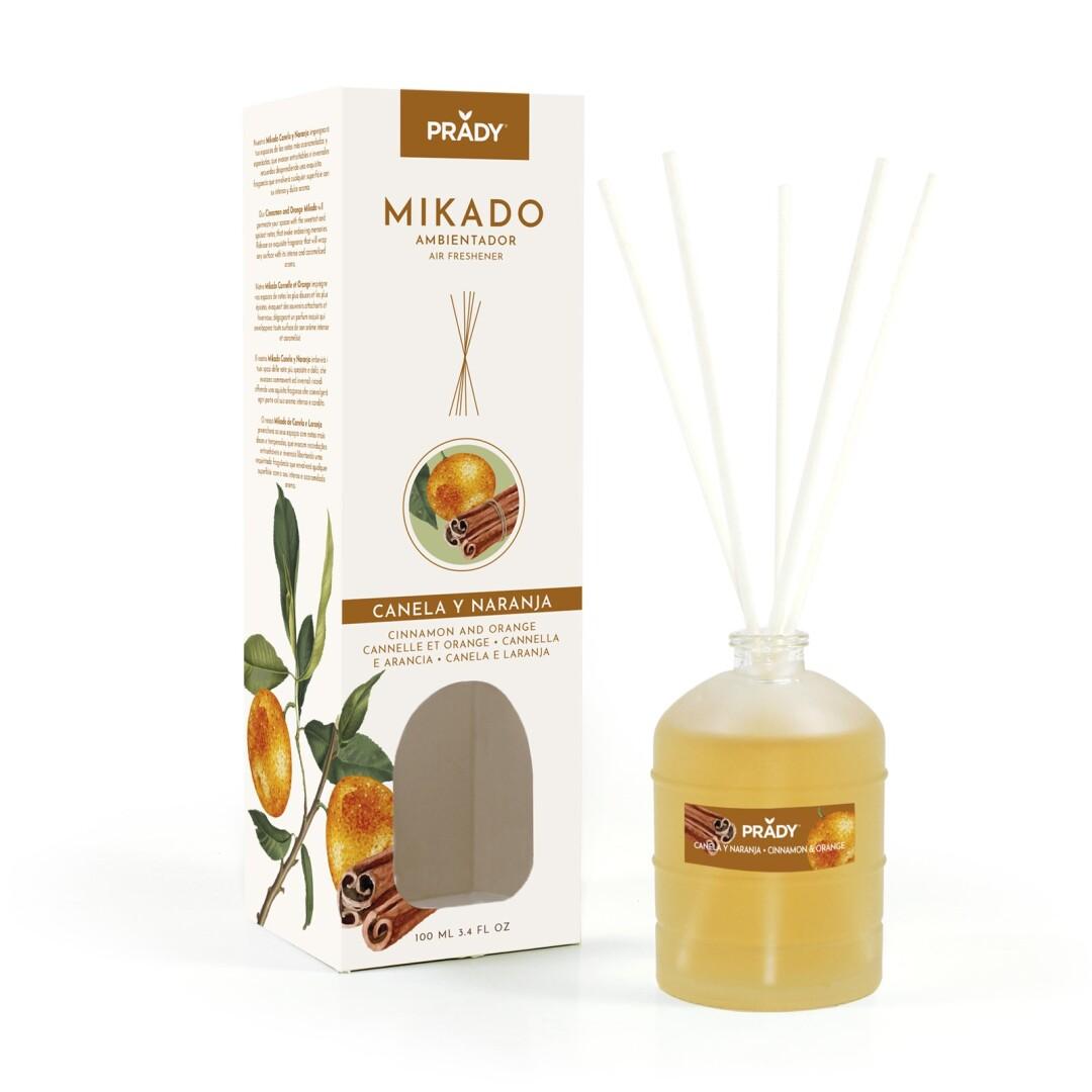 AMBIENTADOR MIKADO CANELA Y NARANJA PRADY - FRASCO DE CRISTAL 100ml. Y VARITAS DIFUSORAS