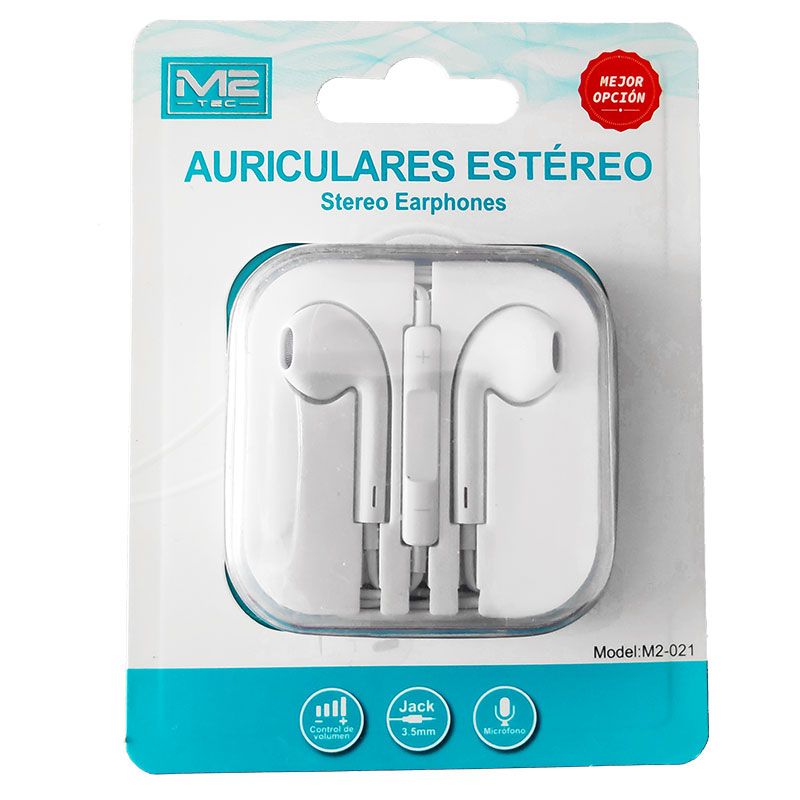 AURICULARES CON CABLE BLANCOS MOD. M2-021 - CON MICROFONO Y CONTROL DE VOLUMEN