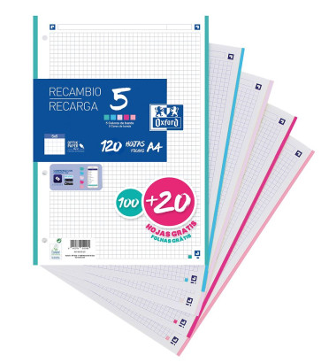 RECAMBIO OXFORD A/4 120 HOJAS 90gr. 5x5 5 BANDA DE COLOR PASTEL
