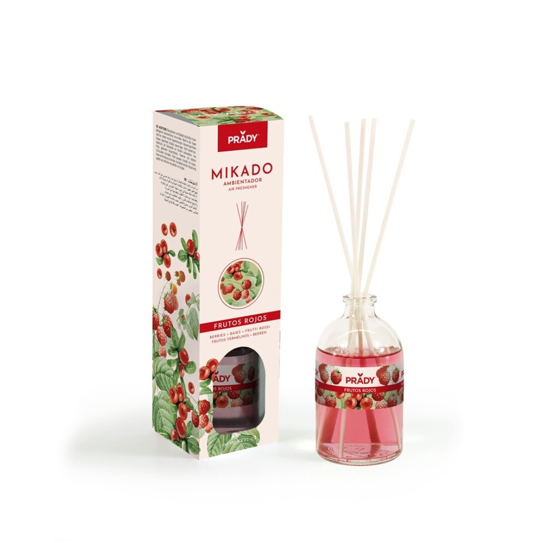 AMBIENTADOR MIKADO FRUTOS ROJOS PRADY  FRASCO CRISTAL 100ML VARITAS DIFUSORAS