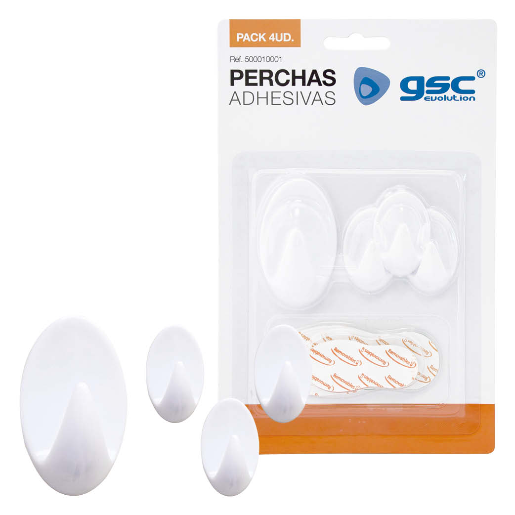 PACK 4 PERCHAS ADHESIVAS BLANCAS GSC PERCHA PEQUENA HASTA 1Kg PERCHA GRANDE HASTA 2Kg BMPrint