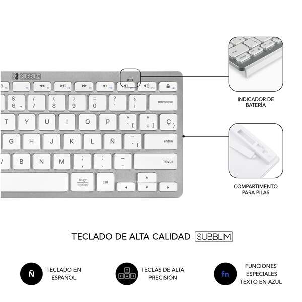 TECLADO Y RATON INALAMBRICOS COMPACTO SUBBLIM BLANCO - CONEXION DUAL - MULTIDISPOSITIVO