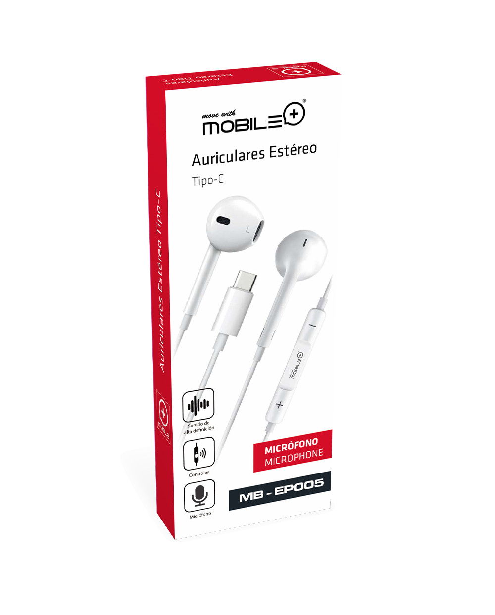 AURICULARES ESTERO TIPO C  MOBILE+ BLANCOS - CON MICROFONO INTEGRADO - CABLE 1.2 METROS