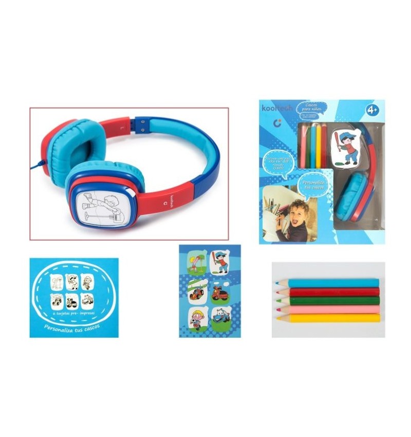 AURICULARES INFANTILES CON CABLE KOOLTECH AZULES - SONIDO LIMITADO - 12 TARJETAS COLOREAR