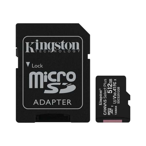 TARJETA MICRO SD XC 512GB + ADAPTADOR KINGSTON CANVAS SELECT PLUS - CLASE 10 - 100MB/S