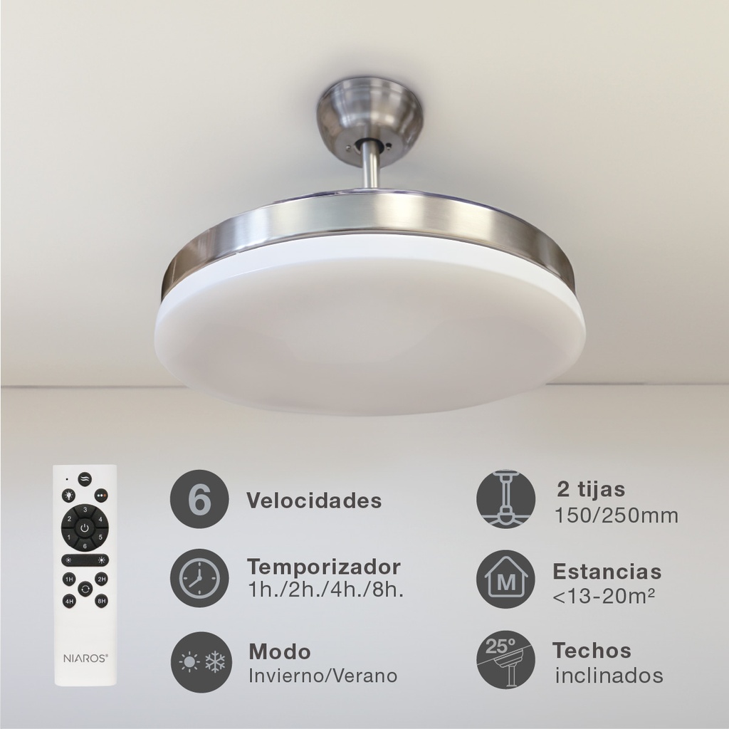 VENTILADOR DE TECHO TUNGATI NIQUEL GSC CON LUZ REGULABLE Y MANDO Ø107 3 ASPAS RETRACTILES