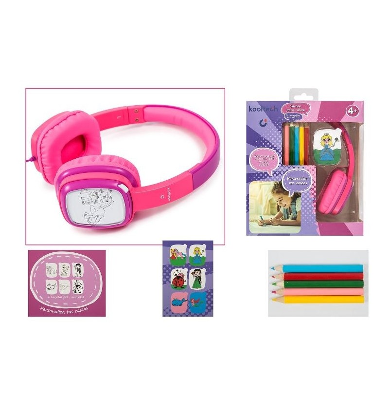 AURICULARES INFANTILES CON CABLE KOOLTECH ROSAS - SONIDO LIMITADO - 12 TARJETAS COLOREAR