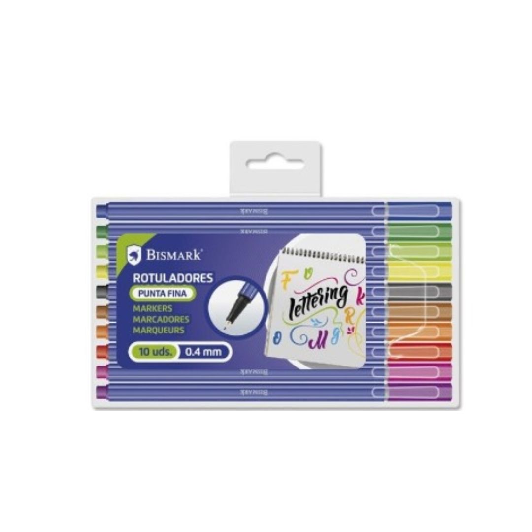 ROTULADORES PUNTA FINA LETTERING BISMARK PACK 10 COLORES 0.4mm