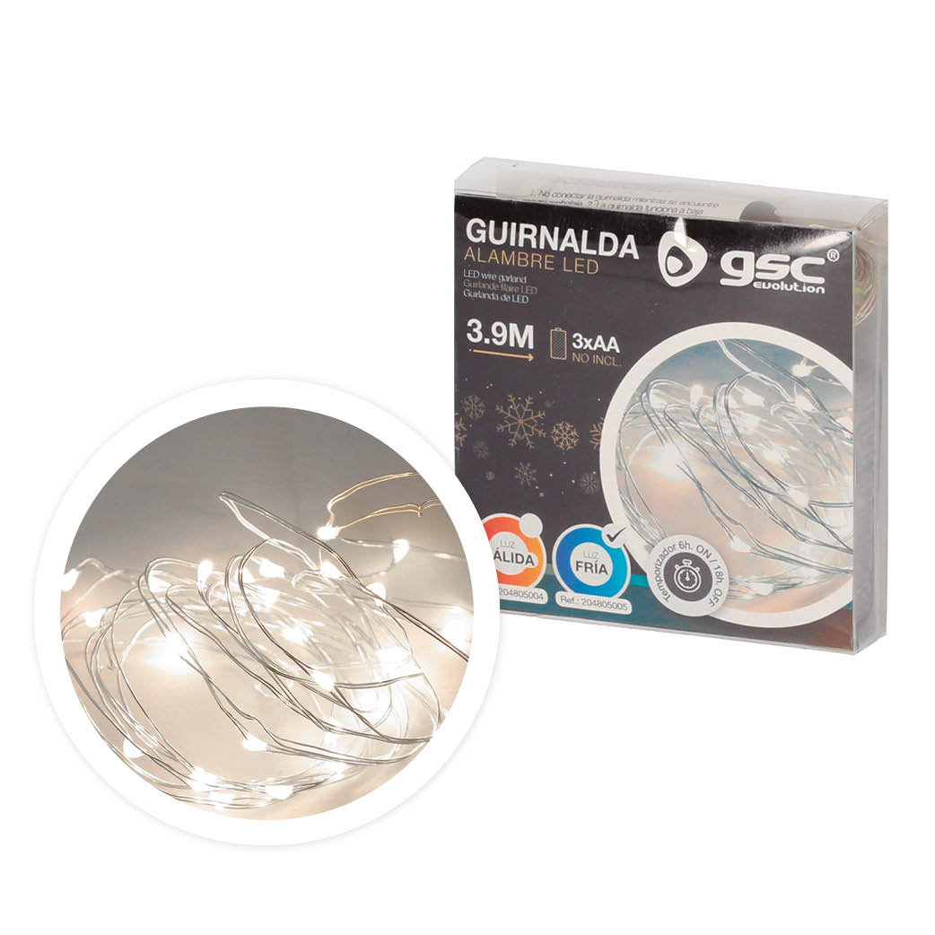 GUIRNALDA LED ALAMBRE GSC 3.9 METROS - LUZ FRIA - FUNCIONA A PILAS