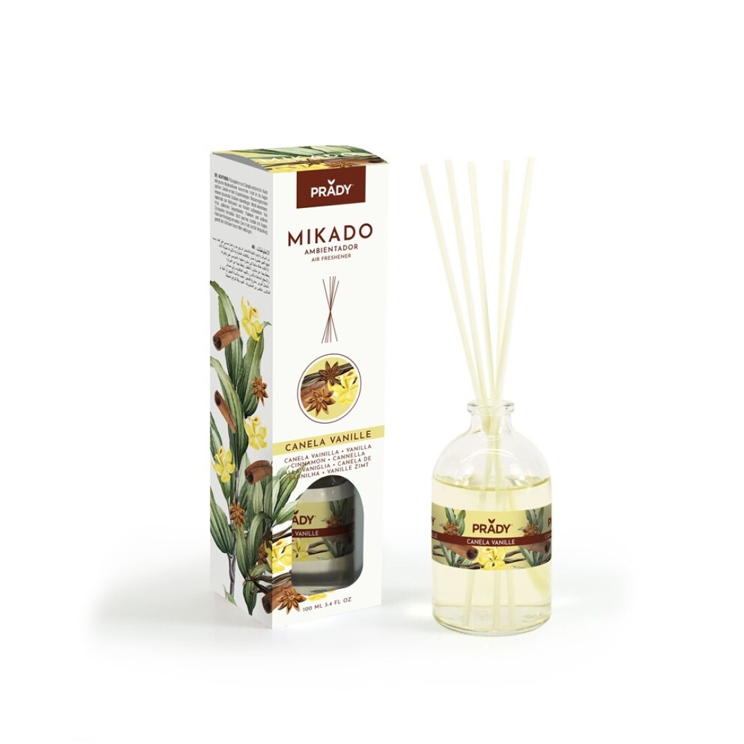 AMBIENTADOR MIKADO CANELA VANILLE PRADY FRASCO CRISTAL 100ML VARITAS DIFUSORAS