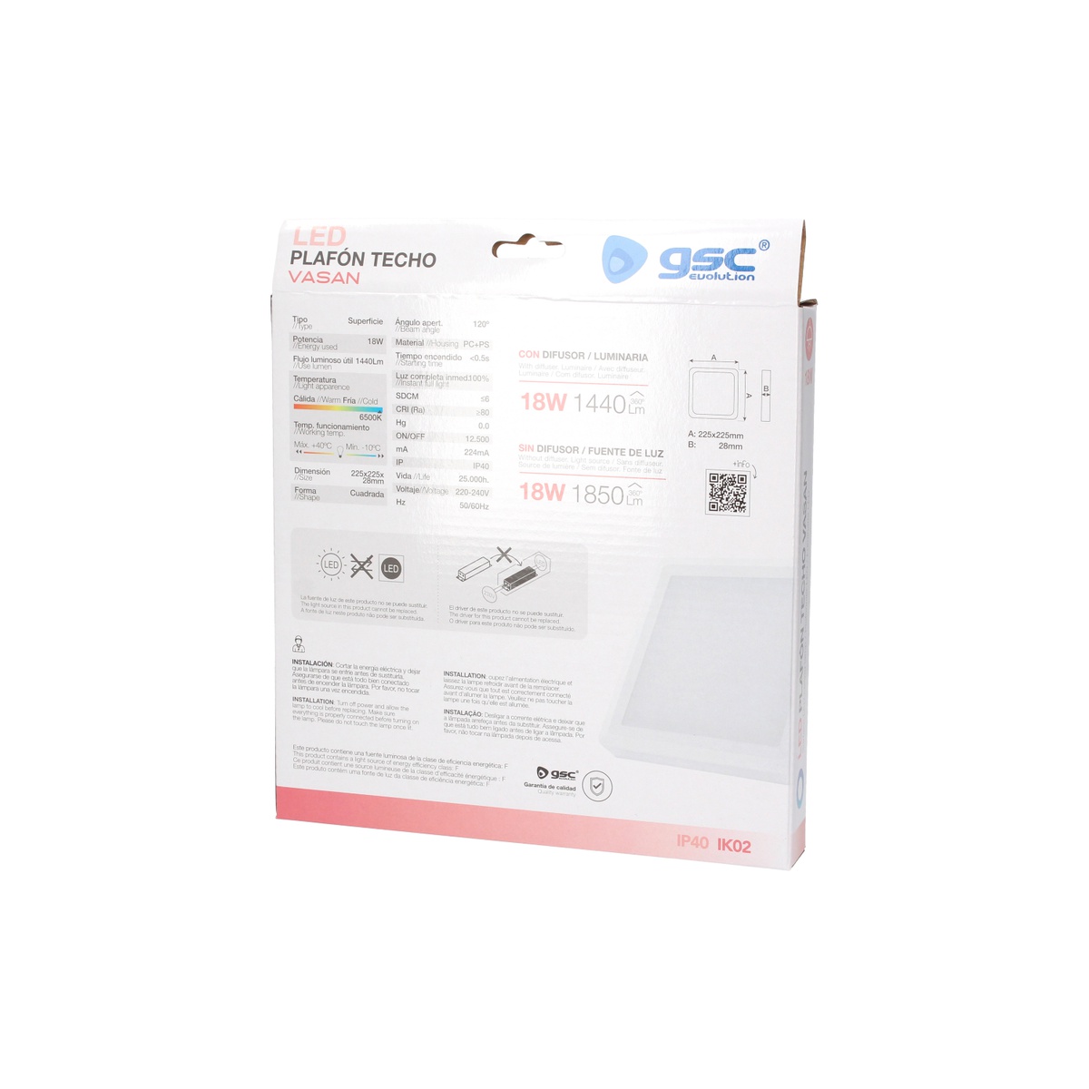 PLAFON SUPERFICIE DOWNLIGHT LED CUADRADO BLANCO VASAN GSC 18W LUZ BLANCA 6500K 1850 LUMENE