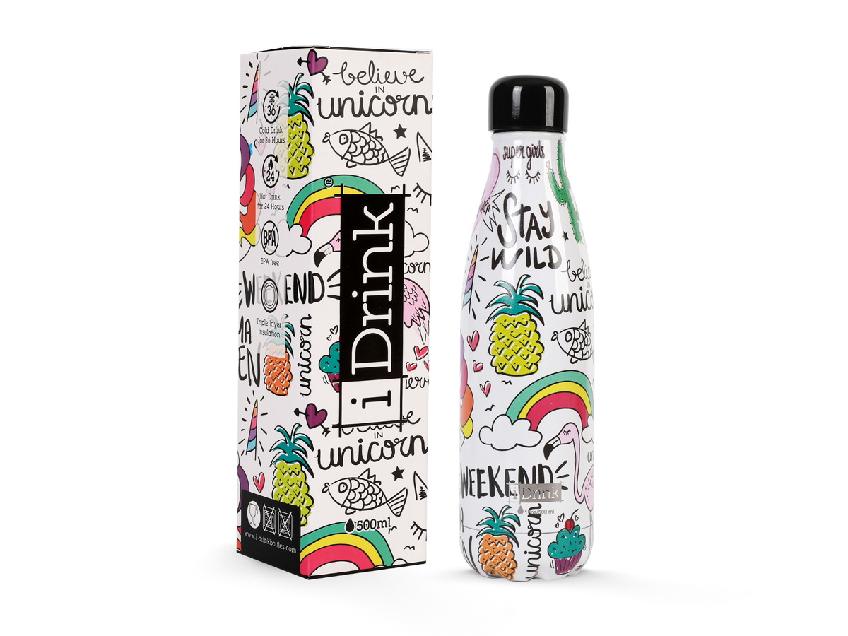 BOTELLA TERMICA IDRINK 500ML UNICORNIOS MANTIENE FRIO 36H Y CALOR 24H - SIN BPA
