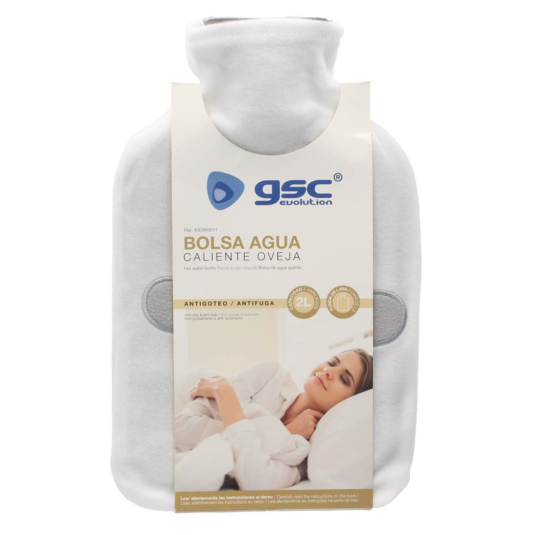 BOLSA DE AGUA CALIENTE GSC OVEJA BLANCA - CAPACIDAD 2 LITROS - FUNDA DE LANA - ANTIGOTEO