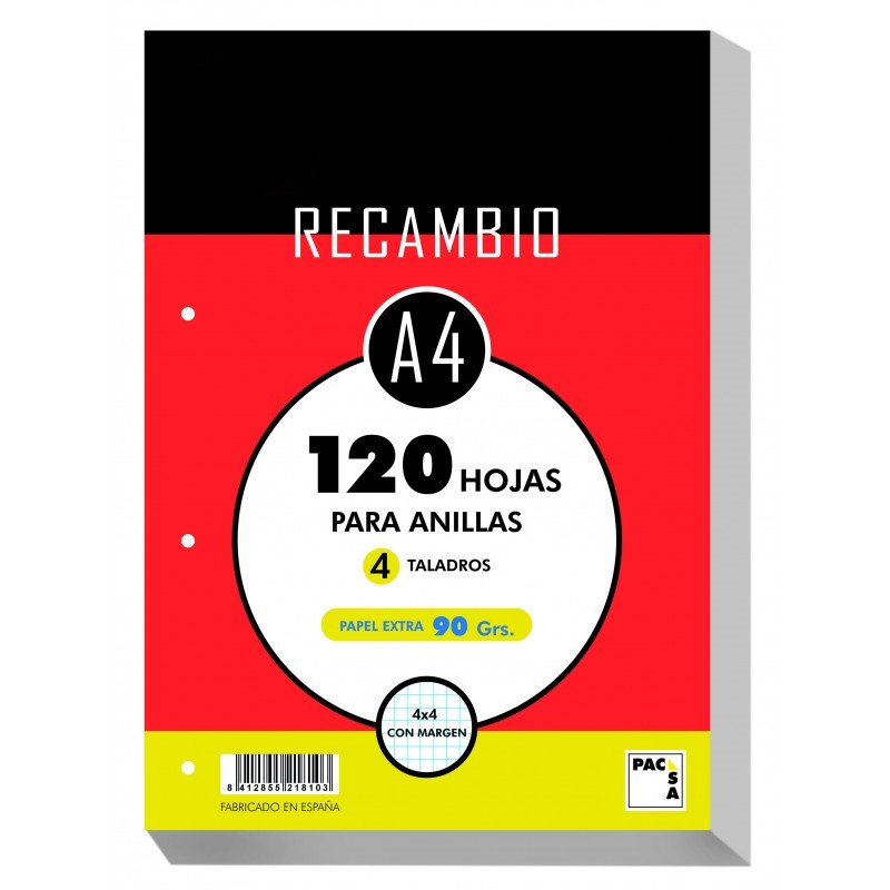 RECAMBIO A/4 PACSA 4mm 90gr. 4 TALADROS 100 HOJAS