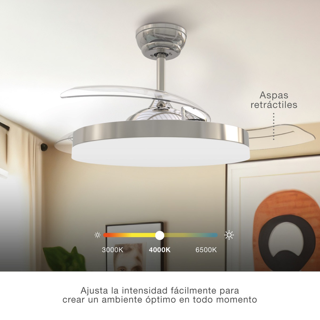 VENTILADOR DE TECHO TUNGATI NIQUEL GSC CON LUZ REGULABLE Y MANDO Ø107 3 ASPAS RETRACTILES