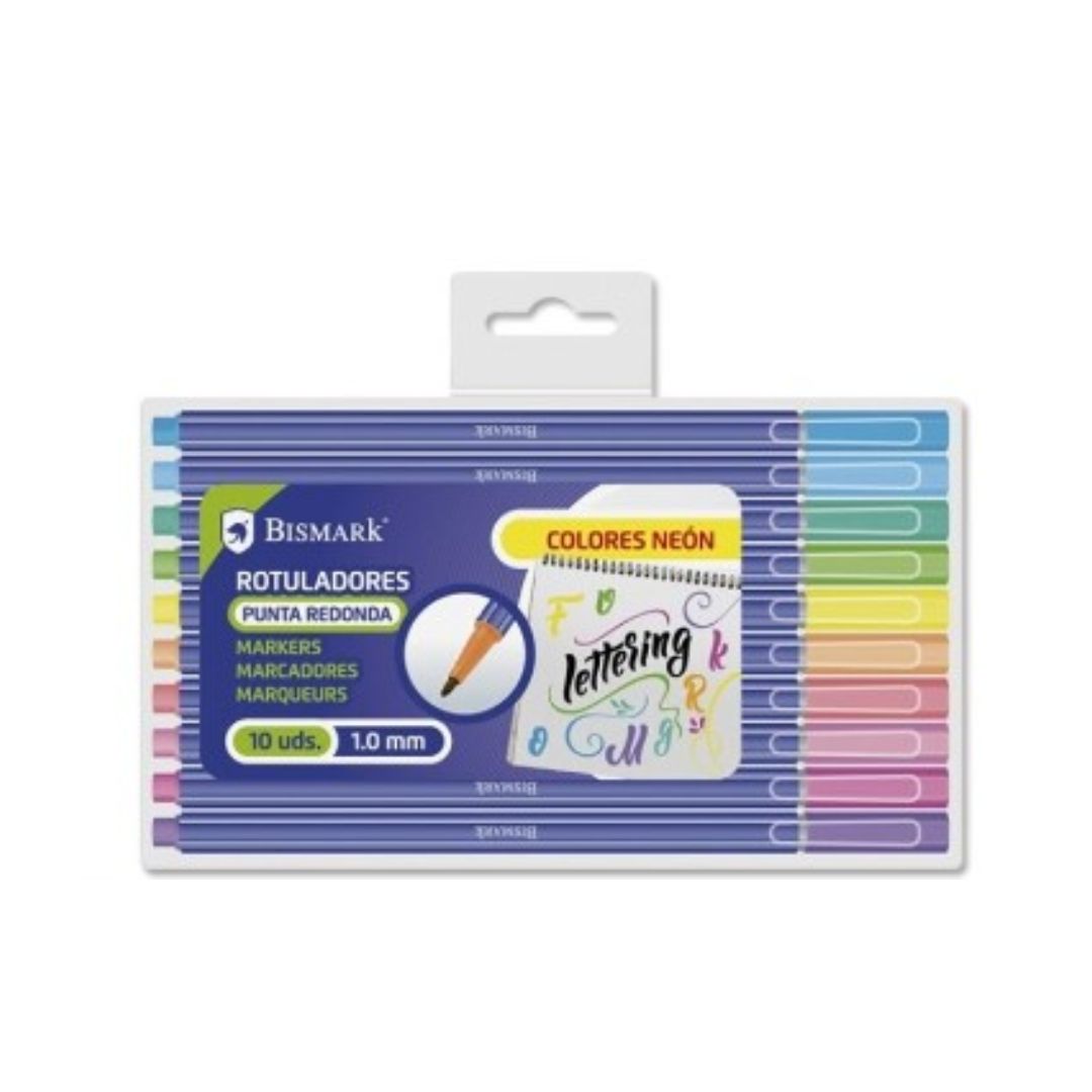 ROTULADORES NEON PUNTA REDONDA LETTERING BISMARK BLISTER 10 COLORES SURTIDOS 1.0mm