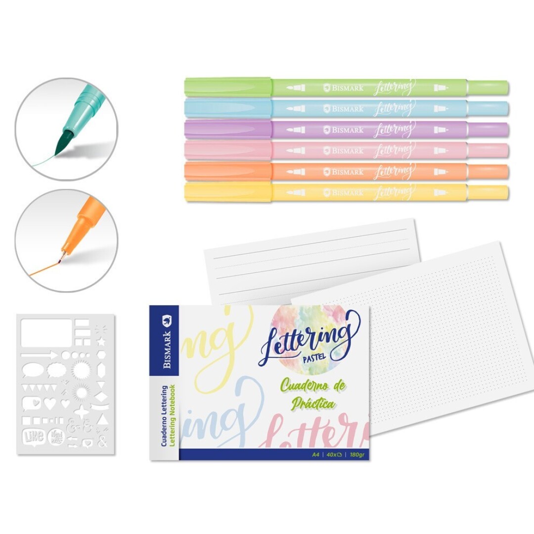 CUADERNO DE LETTERING PASTEL A/4 +5 ROTULADORES+ PLANTILLA BISMARK