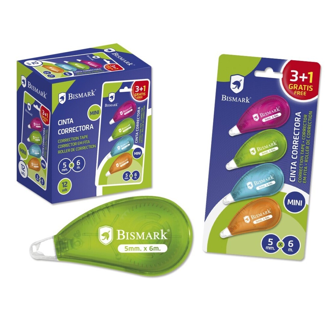 CINTA CORRECTORA MINI NEON BISMARK BLISTER 4 UNIDADES 5mm X 6 metros