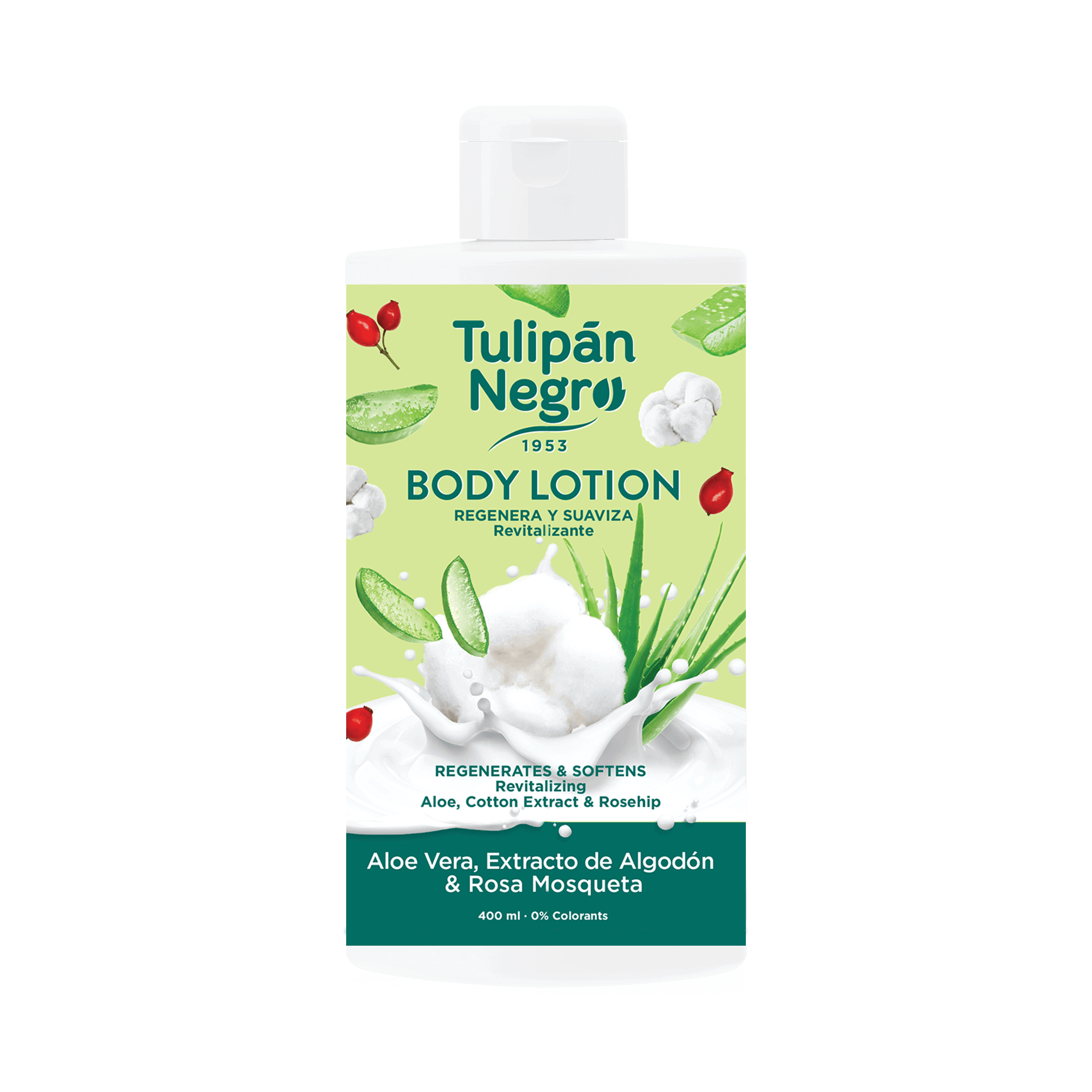 BODY LOTION TULIPAN NEGRO ALOE VERA, EXTRACTO DE ALGODON Y ROSA MOSQUETA 400ML