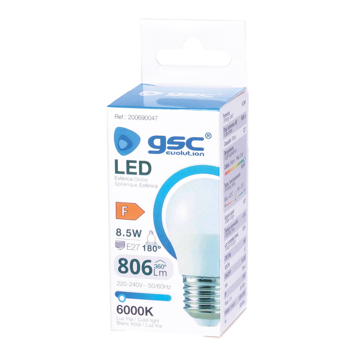 BOMBILLA LED GSC ESFERICA G45 E27 8.5W LUZ BLANCA 6000K 806 LUMENES