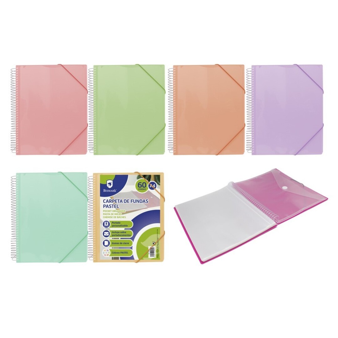 CARPETA ESPIRAL 60 FUNDAS COLORES PASTEL BISMARK