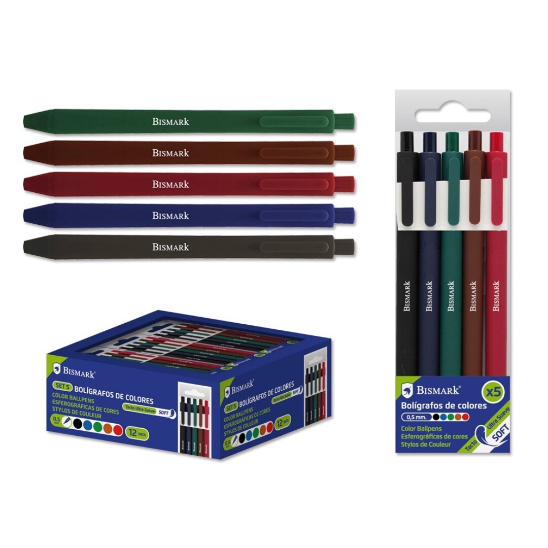 BOLIGRAFOS SOFT TINTA COLORES BASICOS BISMARK BLISTER 5 UNIDADES 0.5mm