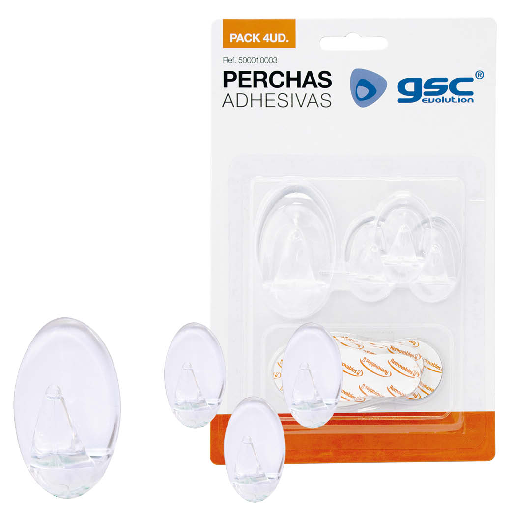 PACK 4 PERCHAS ADHESIVAS TRANSPARENTE GSC - PER. PEQUEÑA HASTA 1Kg - PER. GRANDE HASTA 2Kg